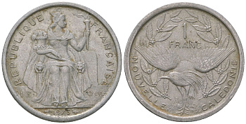 Французская Новая Каледония 1 франк 1973 птица кагу, (IEOM) KM 10, Schoen 10, Lec 38 алюминий    51-914