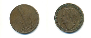 Нидерланды 1 цент 1948 Вильгельмина (1890-1948), год тип KM 175 бронза 80-941