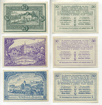 АВСТРИЯ НАБОР ИЗ 3 БАНКНОТ 1920 3 ИЮНЯ 1920, НОТГЕЛЬД, 20, 30, 50 ГЕЛЛЕРОВ, OB. WEISSENBACH uber BERNHARDSCHLAG бумага XF 6278-50-3