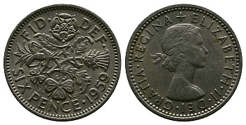 Великобритания 6 пенсов 1959 Елизавета II (1952-2022) KM 903, Spink 4149 медно-никель 4381-717