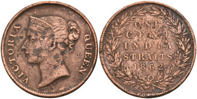 Стрейтс-Сетлментс 1 цент 1862 Виктория (1837-1901), Ост-Индская компания KM 6 медь 4590-242