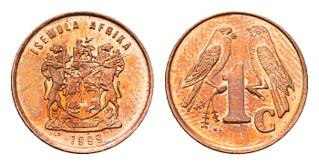 ЮАР 1 цент 1999 герб, капские воробьи KM 170 сталь плакированная медью UNC 4694-245