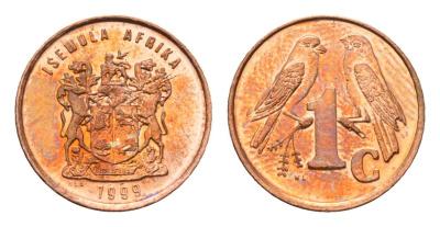 ЮАР 1 цент 1999 герб, капские воробьи KM 170 сталь плакированная медью UNC 4694-245