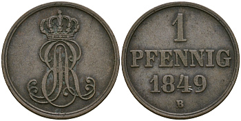 Ганновер 1 пфенниг 1849 B, Эрнст Август (1837-1851) KM 201.1, AKS 129, J. 74 медь 4608-1032