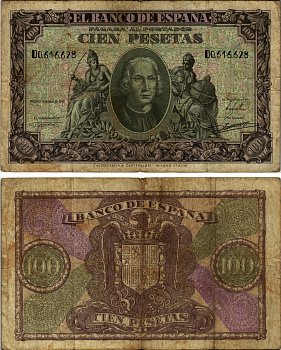 ИСПАНИЯ 100 ПЕСЕТ 1943 9 ЯНВАРЯ 1940, ХРИСТОФОР КОЛУМБ В ОВАЛЕ С АЛЛЕГОРИЧЕСКИМИ ЖЕНЩИНАМИ Pick 118а бумага VF 2192-96-2-2