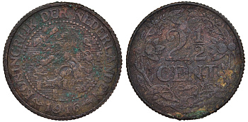 НИДЕРЛАНДЫ 2 1/2 ЦЕНТА 1916 ВИЛЬГЕЛЬМИНА (1890-1948) KM 150 бронза 72-355