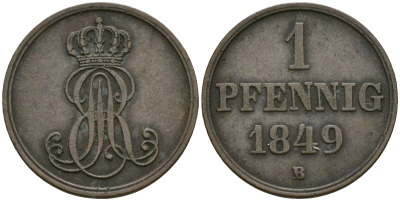 Ганновер 1 пфенниг 1849 B, Эрнст Август (1837-1851) KM 201.1, AKS 129, J. 74 медь 4608-1032