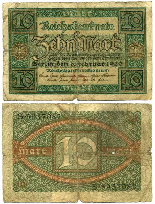 ГЕРМАНИЯ 10 МАРОК 1920 6 ФЕВРАЛЯ 1920, БУКВА G, СЕРИЯ S, СЕМЬ ЦИФР В НОМЕРЕ СЕРИИ Pick 67a, Rosenberg 63а бумага 8592-26-2-2