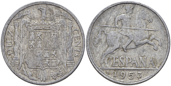 ИСПАНИЯ 10 СЕНТИМО 1953 РЫЦАРЬ НА КОНЕ KM 766 алюминий 216-521