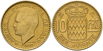 Монако 10 франков 1950 Ренье III (1949-2005) KM 130 алюминиевая бронза  UNC  4601-957