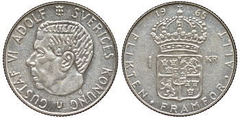 Швеция 1 крона 1965 U, Густав VI Адольф (1950-1973) KM 826 серебро 4178-457