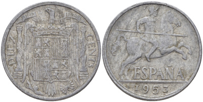 ИСПАНИЯ 10 СЕНТИМО 1953 РЫЦАРЬ НА КОНЕ KM 766 алюминий 216-521