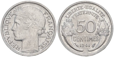 ФРАНЦИЯ 50 САНТИМОВ 1941 ТИП MORLON LOURDE KM 894.1a, LE FRANC 193.2 алюминий 44-216