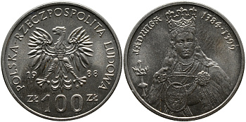 Польша 100 злотых 1988 MW, серия Польские правители, королева Ядвига (1384-1399) KM 183 медно-никель UNC 1526-1031
