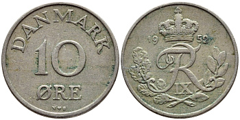 ДАНИЯ 10 ЭРЕ 1952 N; S, ФРЕДЕРИК IX (1947-1972) KM 841.1 медно-никель 4398-915