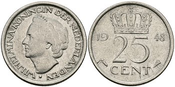 НИДЕРЛАНДЫ 25 ЦЕНТОВ 1948 ВИЛЬГЕЛЬМИНА KM 178 никель 176-864