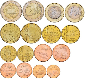 ГРЕЦИЯ ЕВРОНАБОР ИЗ 8 МОНЕТ 2007 1, 2, 5, 10, 20, 50 ЕВРОЦЕНТОВ, 1 И 2 ЕВРО UNC 68-931