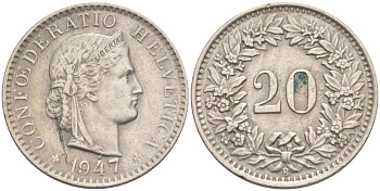 ШВЕЙЦАРИЯ 20 РАППЕНОВ 1947 В KM 29a медно-никель 55-723