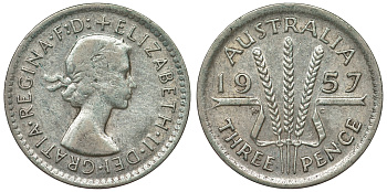 Австралия 3 пенса 1957 m, Елизавета II (1952-2022) KM 57 серебро 71-466