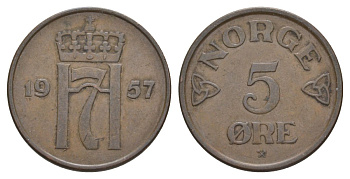 Норвегия 5 эре 1957 Хокон VII (1905-1957) KM 400 бронза 4635-551