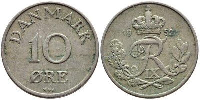 ДАНИЯ 10 ЭРЕ 1952 N; S, ФРЕДЕРИК IX (1947-1972) KM 841.1 медно-никель 4398-915