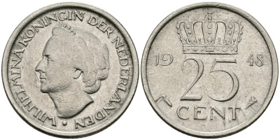 НИДЕРЛАНДЫ 25 ЦЕНТОВ 1948 ВИЛЬГЕЛЬМИНА KM 178 никель 176-864
