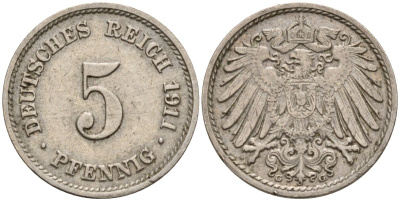 Германия 5 пфеннигов 1911 G KM 11, Jager 12, Weege 6 медно-никель 4151-529