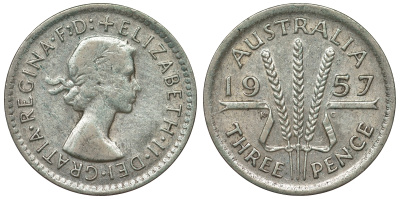 Австралия 3 пенса 1957 m, Елизавета II (1952-2022) KM 57 серебро 71-466