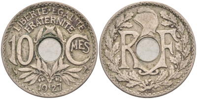 ФРАНЦИЯ 10 САНТИМОВ 1927 ТИП ЛИНДАЙЁ KM 866а медно-никель 4589-535
