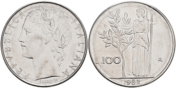 Италия 100 лир 1982 R, Афина KM 96.1 нержавеющая сталь 4117-344