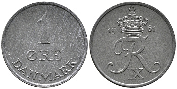 ДАНИЯ 1 ЭРЕ 1961 C; S, ФРЕДЕРИК IX (1947-1972) KM 839.2 цинк UNC 100-656