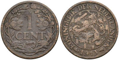 НИДЕРЛАНДЫ 1 ЦЕНТ 1913 ВИЛЬГЕЛЬМИНА I (1890-1948) KM 152 бронза 4549-1033