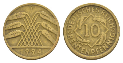 Германия 10 рентенпфеннигов 1924 F KM 33, J. 309 алюминиевая бронза 4640-348