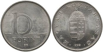 Венгрия 10 форинтов 1993 KM 695 латунь плакированная медно-никелем 181-743