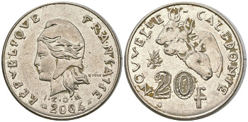 Французская Новая Каледония 20 франков 2004 три быка, (IEOM) KM 12, Schoen 14, Lec 15h никель 4131-731