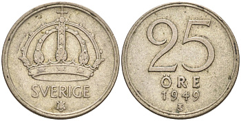 Швеция 25 эре 1949 Густав V (1907-1950) KM 816 серебро 4585-436