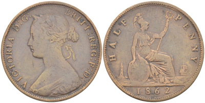 Великобритания 1/2 пенни 1862 Виктория (1837-1901) KM 748.2, Spink 3956 бронза 4543-1144