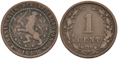 Нидерланды 1 цент 1884 Виллем III (1849-1890) KM 107 бронза 4576-615