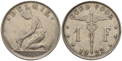 Бельгия 1 франк 1922 Belgie KM 90 никель 34-714