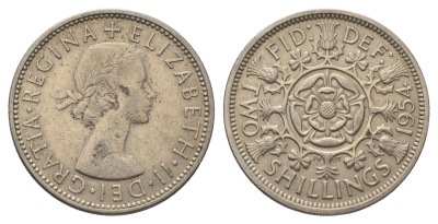 Великобритания 2 шиллинга (флорин) 1954 Елизавета II (1952-2022) KM 906, Spink 4146 медно-никель 4692-342