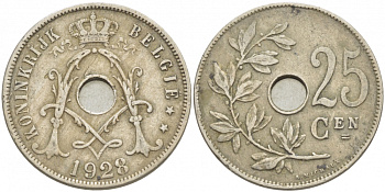 БЕЛЬГИЯ 25 САНТИМОВ 1928 BELGIE KM 69 медно-никель 4529-1111