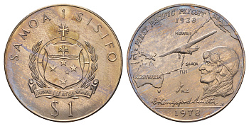 Самоа 1 тала 1978 50 лет первому перелёту через Тихий океан KM 28 медно-никель BU 650-1815