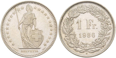 ШВЕЙЦАРИЯ 1 ФРАНК 1986 В KM 24а.3 медно-никель 4544-443