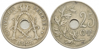 БЕЛЬГИЯ 25 САНТИМОВ 1928 BELGIE KM 69 медно-никель 4529-1111