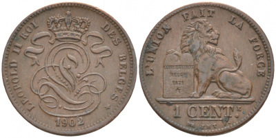 БЕЛЬГИЯ 1 САНТИМ 1902 FR KM 33.1 медь 44-943