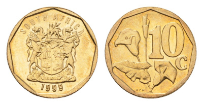ЮАР 10 центов 1999 герб, цветок алоэ KM 161 сталь плакированная бронзой UNC 4694-753