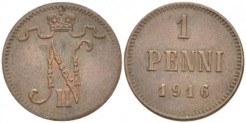 РОССИЯ ДЛЯ ФИНЛЯНДИИ 1 ПЕННИ 1916 НИКОЛАЙ II (1895-1917) KM 13, Биткин 476 медь 211-1031