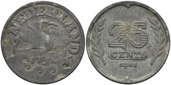 Нидерланды 25 центов 1941 Вильгельмина (1890-1948) KM 174 цинк 4572-913