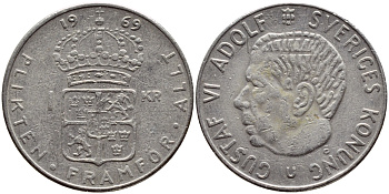 Швеция 1 крона 1969 Густав VI Адольф (1950-1973) KM 826a медь плакированная медно-никелем 4388-742