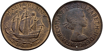 Великобритания 1/2 пенни 1967 Елизавета II (1952-2022) KM 896, Spink 4158 бронза 63-723
